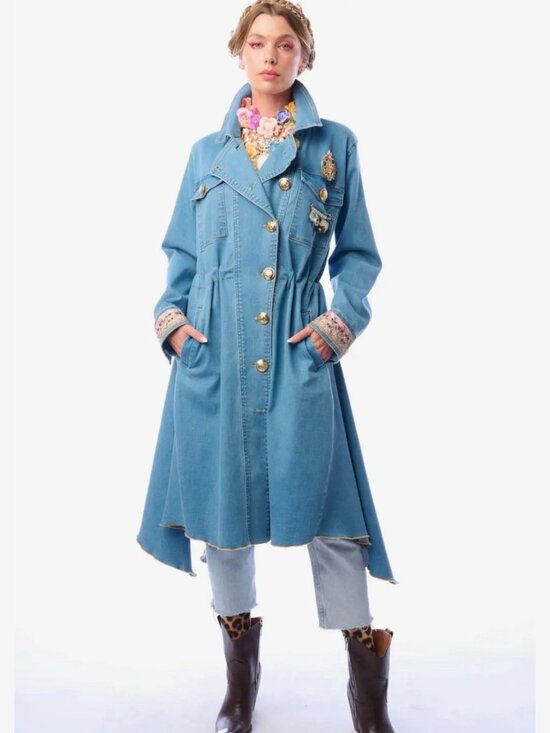 Aratta Jackets & Blazers - Aratta Monte Carlo Denim Hi-Low Long Coat Blue Decorative Brooch Size S M L